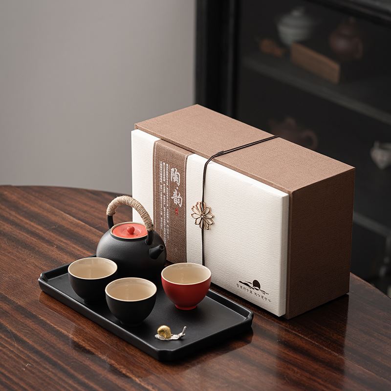 知者觉器-中国红蜗牛陶瓷茶盘套装茶具粗陶礼盒定制礼品节日中秋