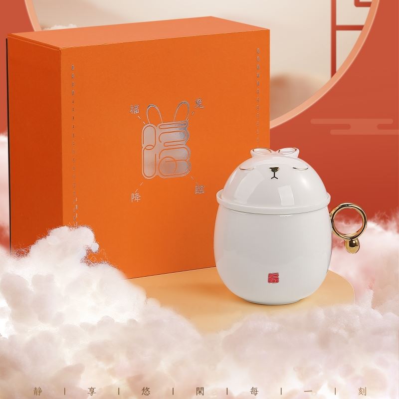知勤堂-福兔降临办公杯茶具陶瓷羊脂玉瓷中秋节日礼品马克杯套装