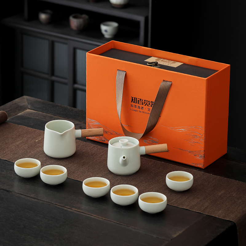知者觉器-哥窑双侧把茶具套装陶瓷商务礼品中秋节伴手礼定制礼盒