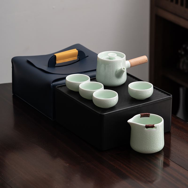 知者觉器-哥窑侧把壶7件套旅行陶瓷套装茶具商务定制中秋节礼品